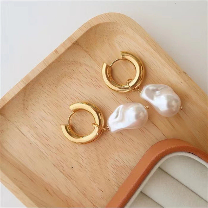 Baroque Pearl Earrings Women's Metal