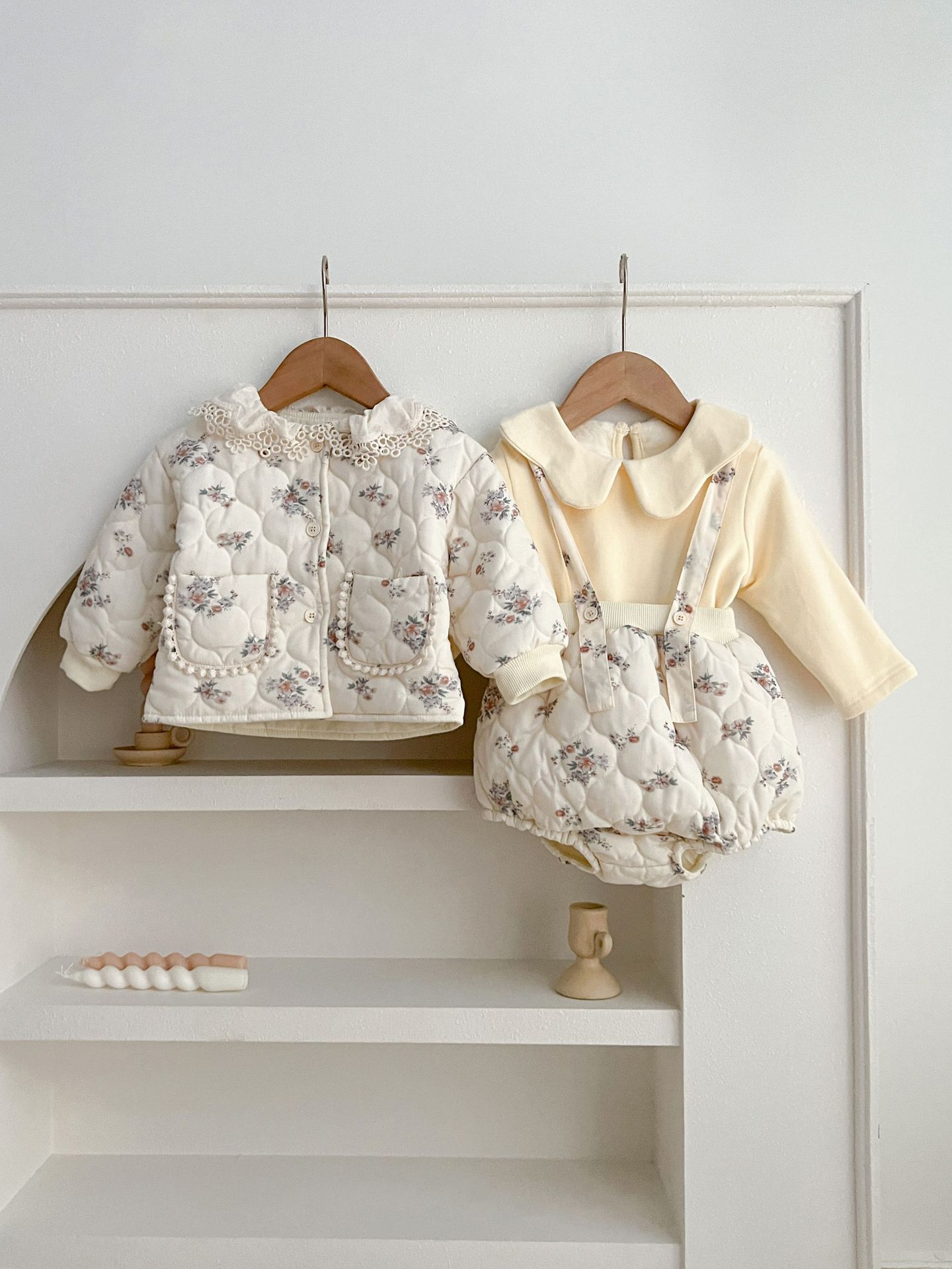 Winter Korean Style Baby Girl Floral Suit Lace Pocket Strap Romper Outwear Warm Two-piece Suit