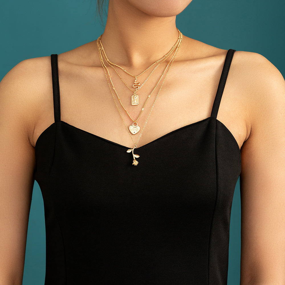 Creative multi-element rose pendant multi-layer necklace