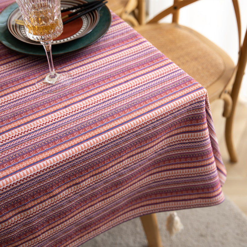 Bohemian Polyester And Cotton Color Woven Floral Striped Tablecloth