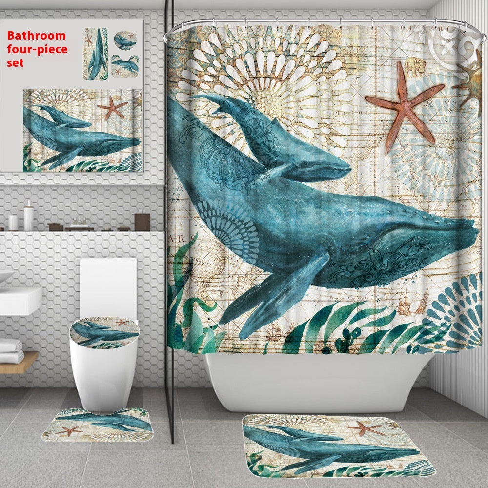Bathroom Shower Curtain Floor Mat Suit Ocean World Printing