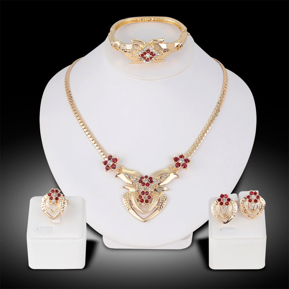 European And American Exaggerated Alloy Necklace And Earrings Ring Bracelet Four-piece Set