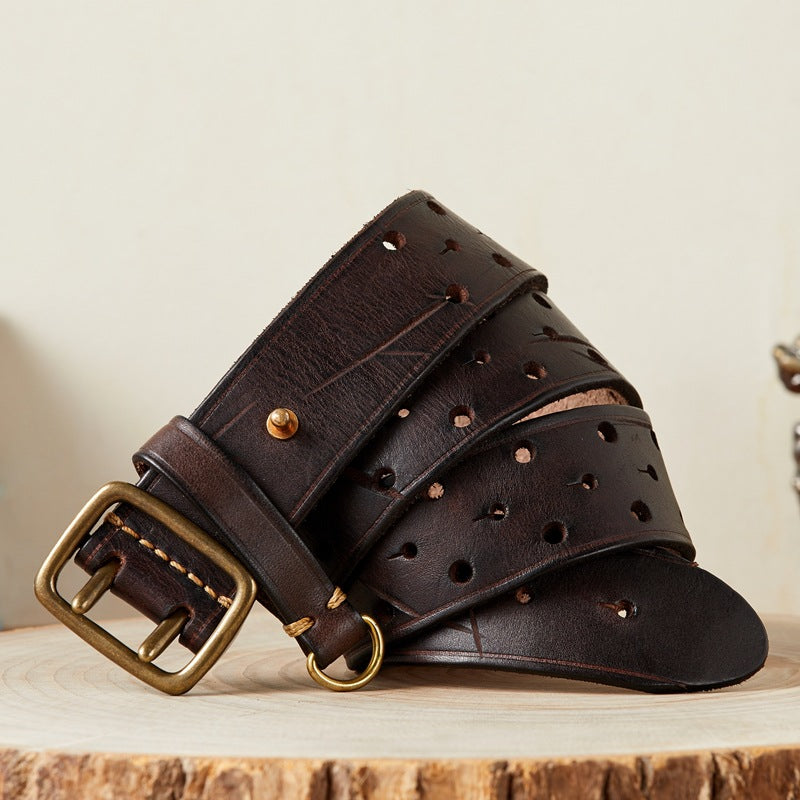 Double Needle Copper Buckle Men's Belt Retro Head Layer Pure Cowhide