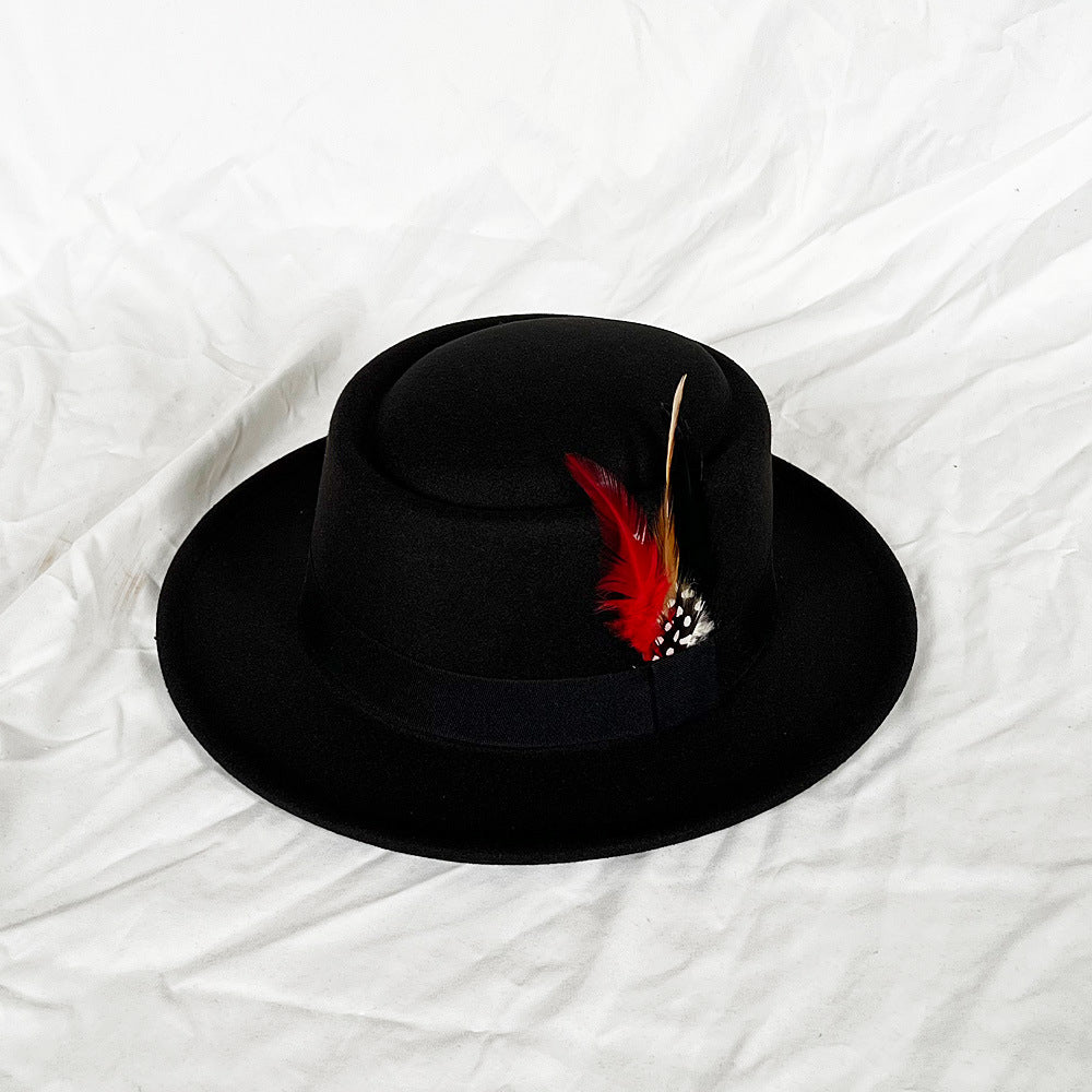 Feather Top Hat Small Flat Top Men's Felt Cap Old White Hat Top Hat