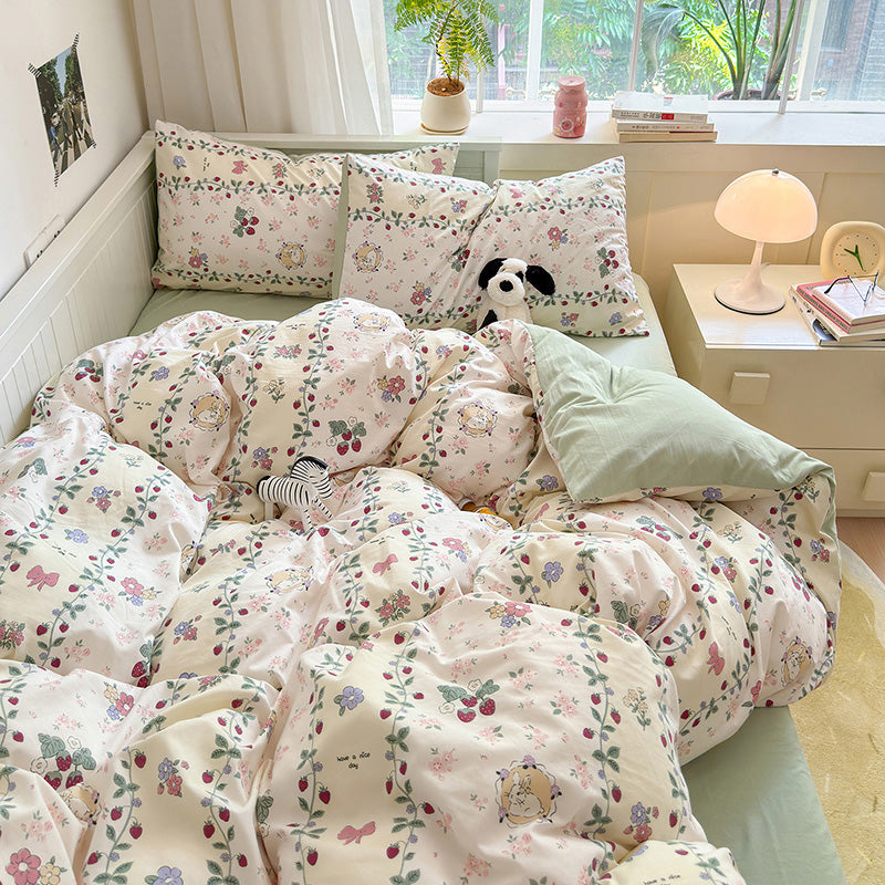 Pastoral Style Girl Floral Bunny Washed Cotton Bedding