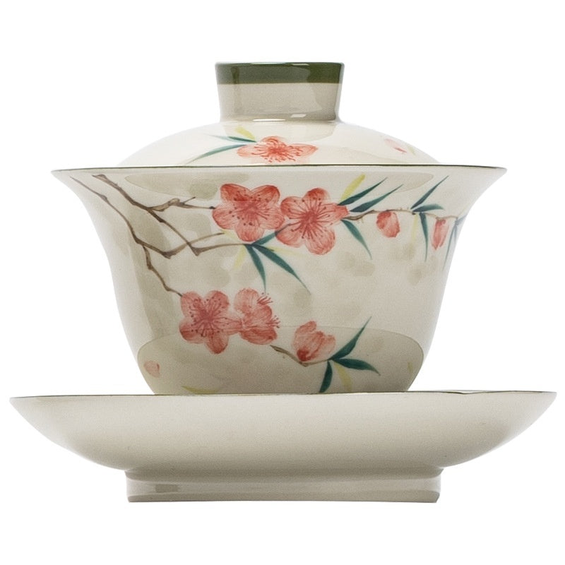 Hand Painted Peach Blossom Sancai Gaiwan Tea Cup