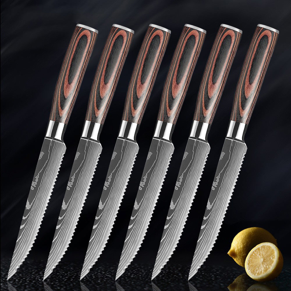 Western Steak Knife Damascus Pattern Stainless Steel Serrated Knife
