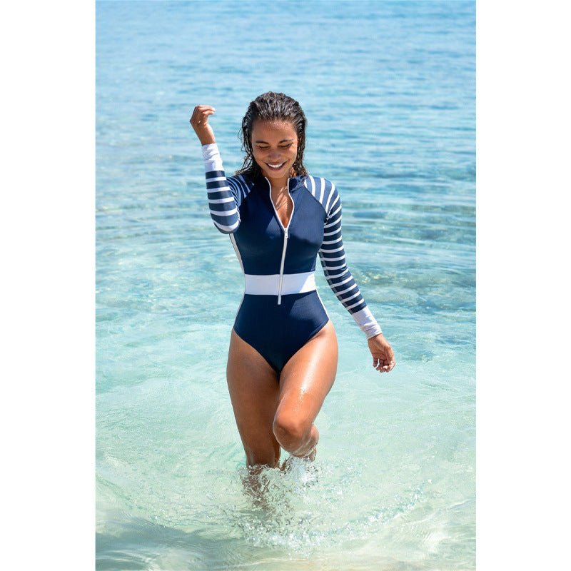 Striped Wetsuit Panel Color Swimsuit