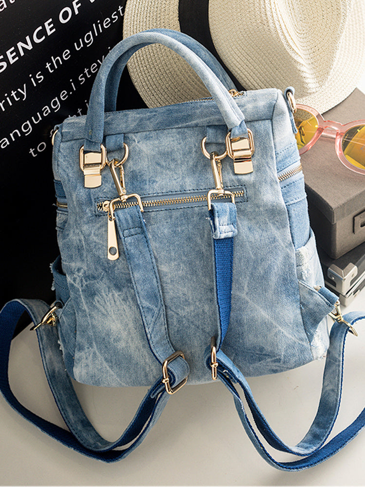 Frayed Flower Denim Backpack Large Capacity Multifunctional Hand Bill Shoulder Bag