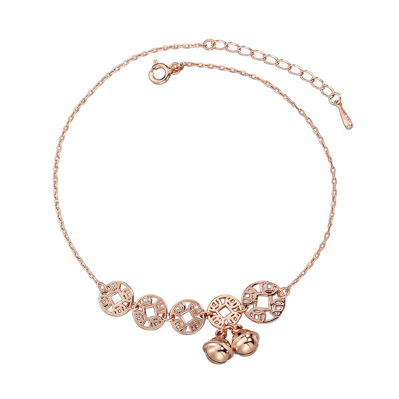 Chevillère en acier inoxydable avec clochettes couleur or rose et breloques pièces de monnaie style bohème