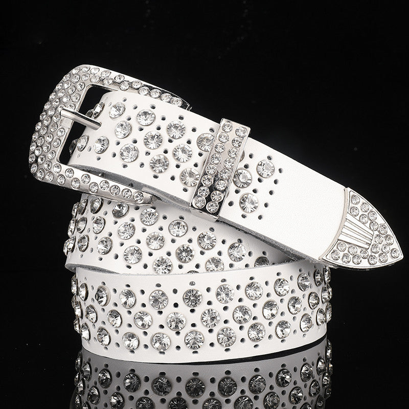 White Women's Leather Belt With Diamonds