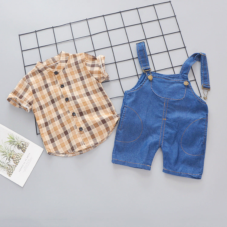 Children's two-piece stand-collar plaid shirt