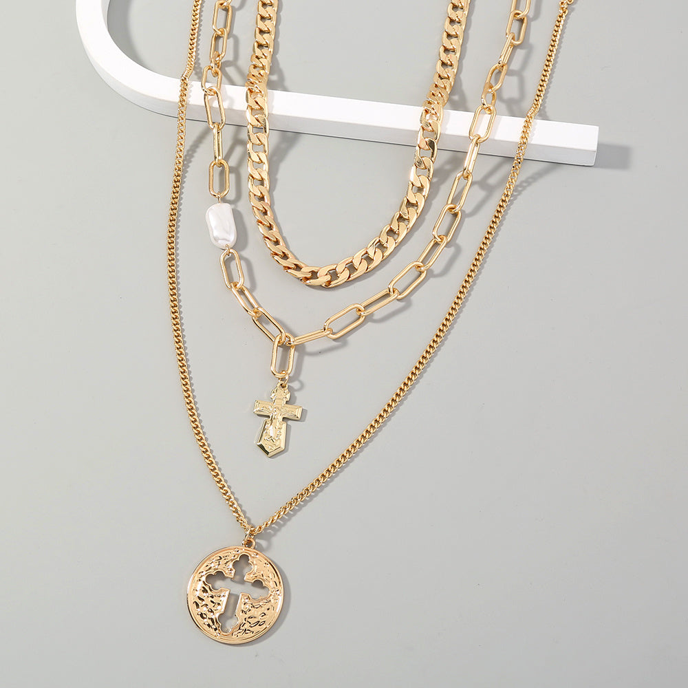 European and American lattice chain multi-element cross necklace can be detached and layered to wear creative design trendy necklace