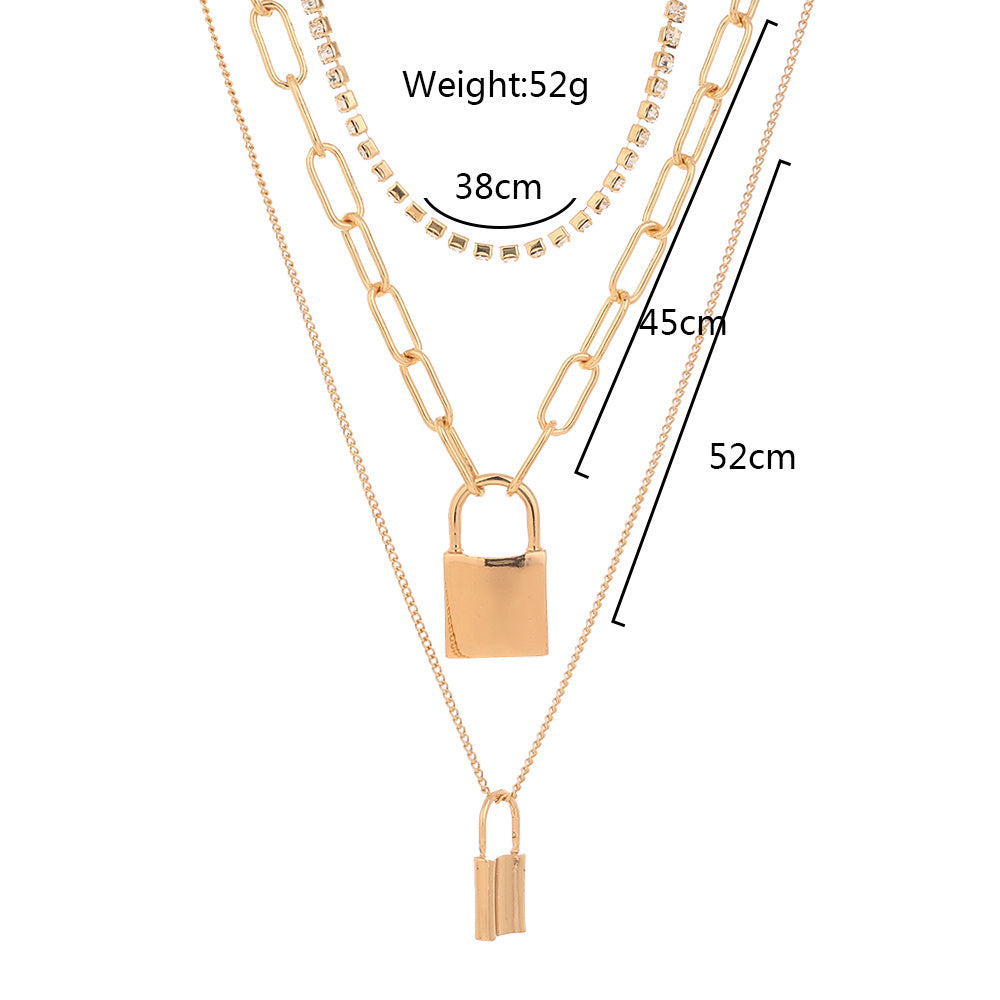 Retro Chain multi-layer Gold Chain Necklace woman, Diamond Claw Chain Fashion Street photo lock-shaped necklace