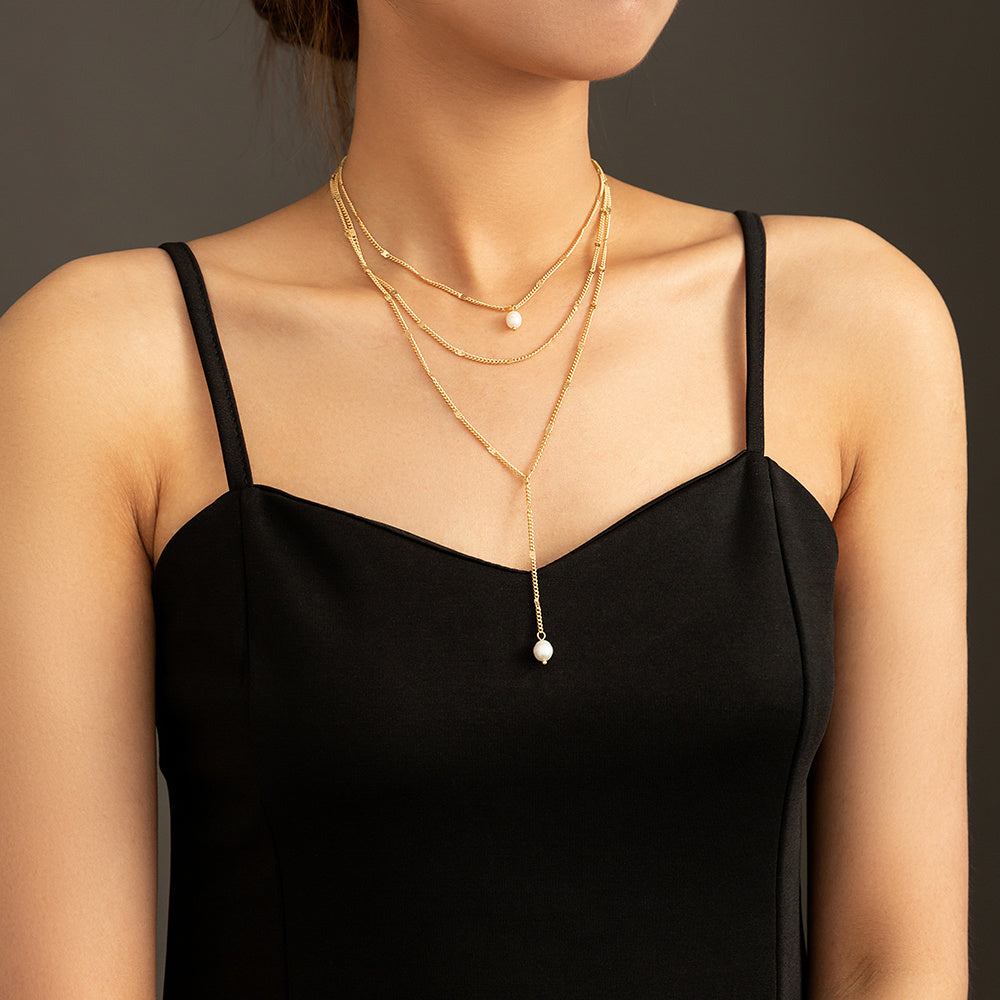 Personality Natural Fresh Water Pearl y-type multi-layer necklace
