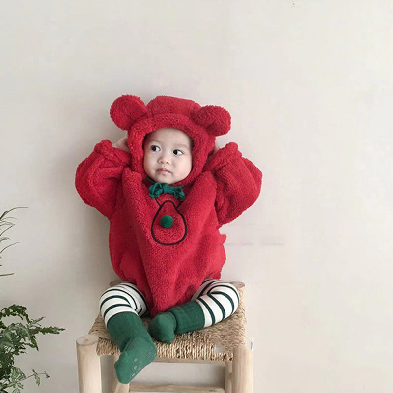 Christmas Hooded Romper Long Sleeve Crawling Suit Jumpsuit Fleece-lined