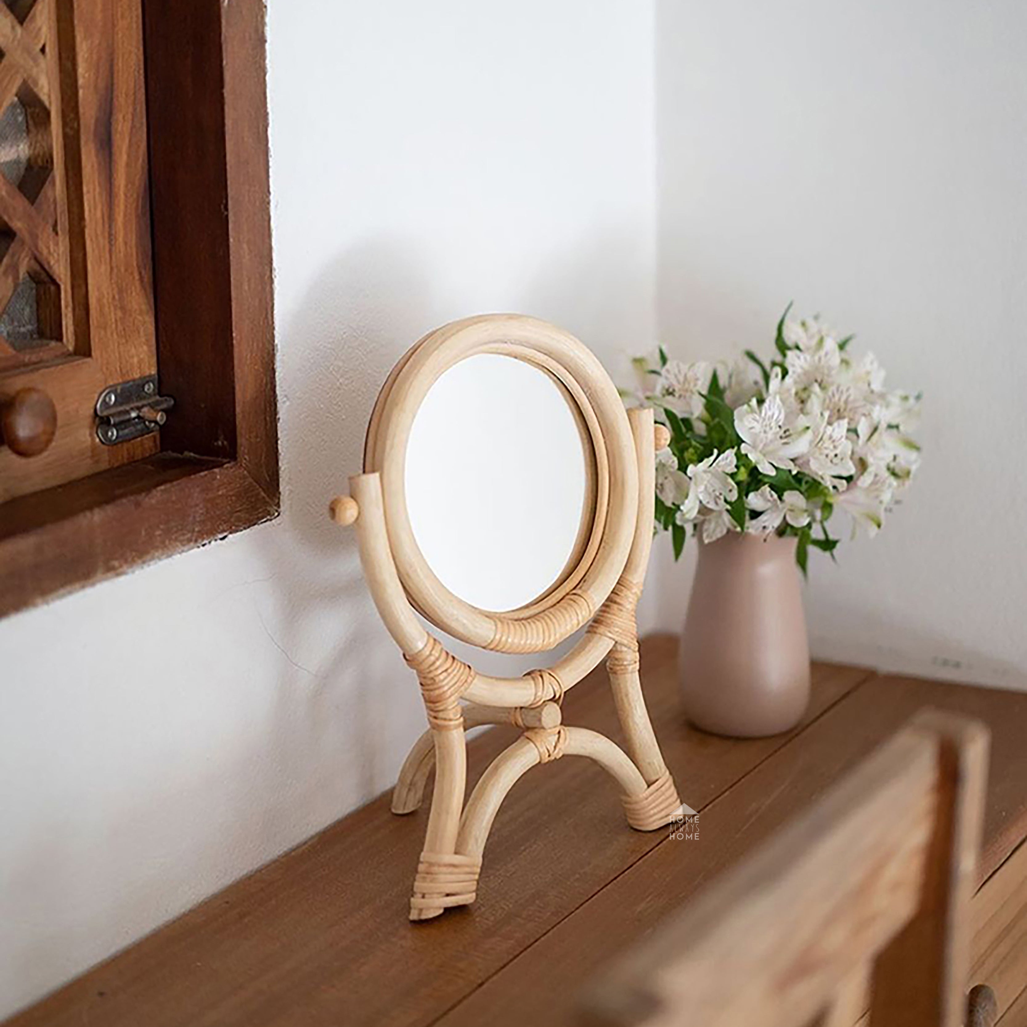 Retro Handmade Rattan Desktop Makeup Mirror