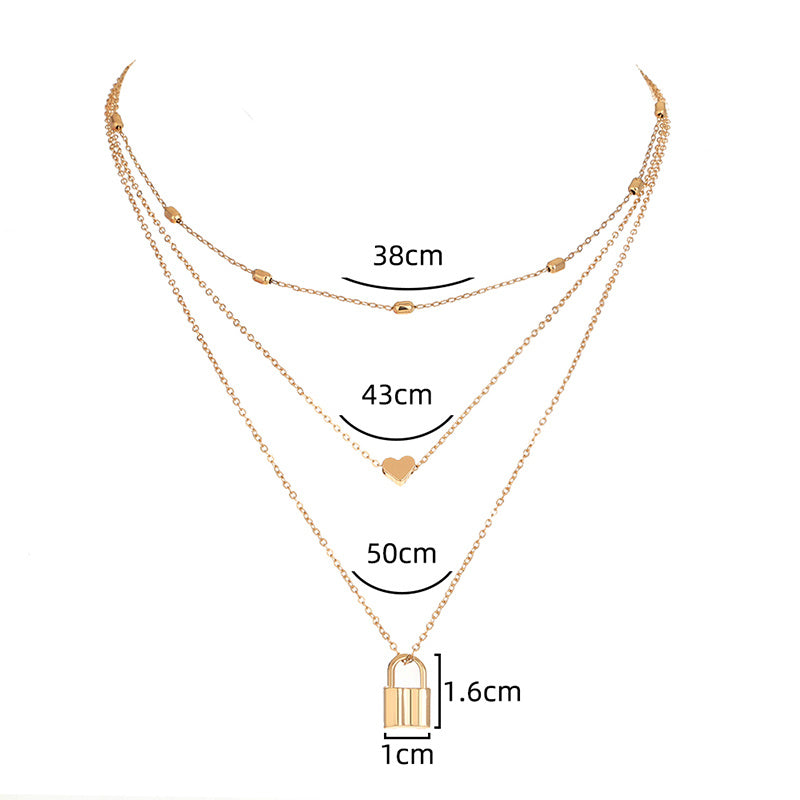 European and American cross-border retro fashion multi-layered simple love lock pendant necklace ins wind clavicle chain jewelry