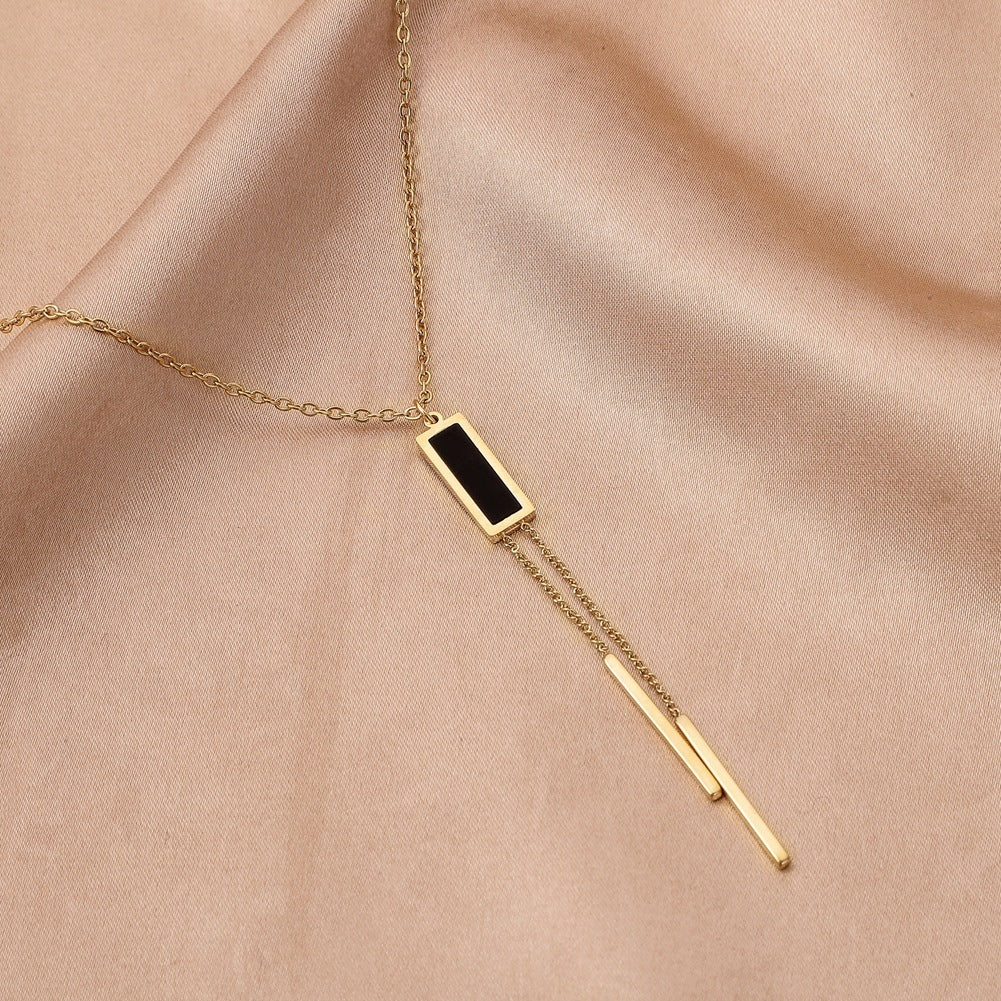 Stainless Steel Geometric Rectangle Black Dripping Tassel Necklace