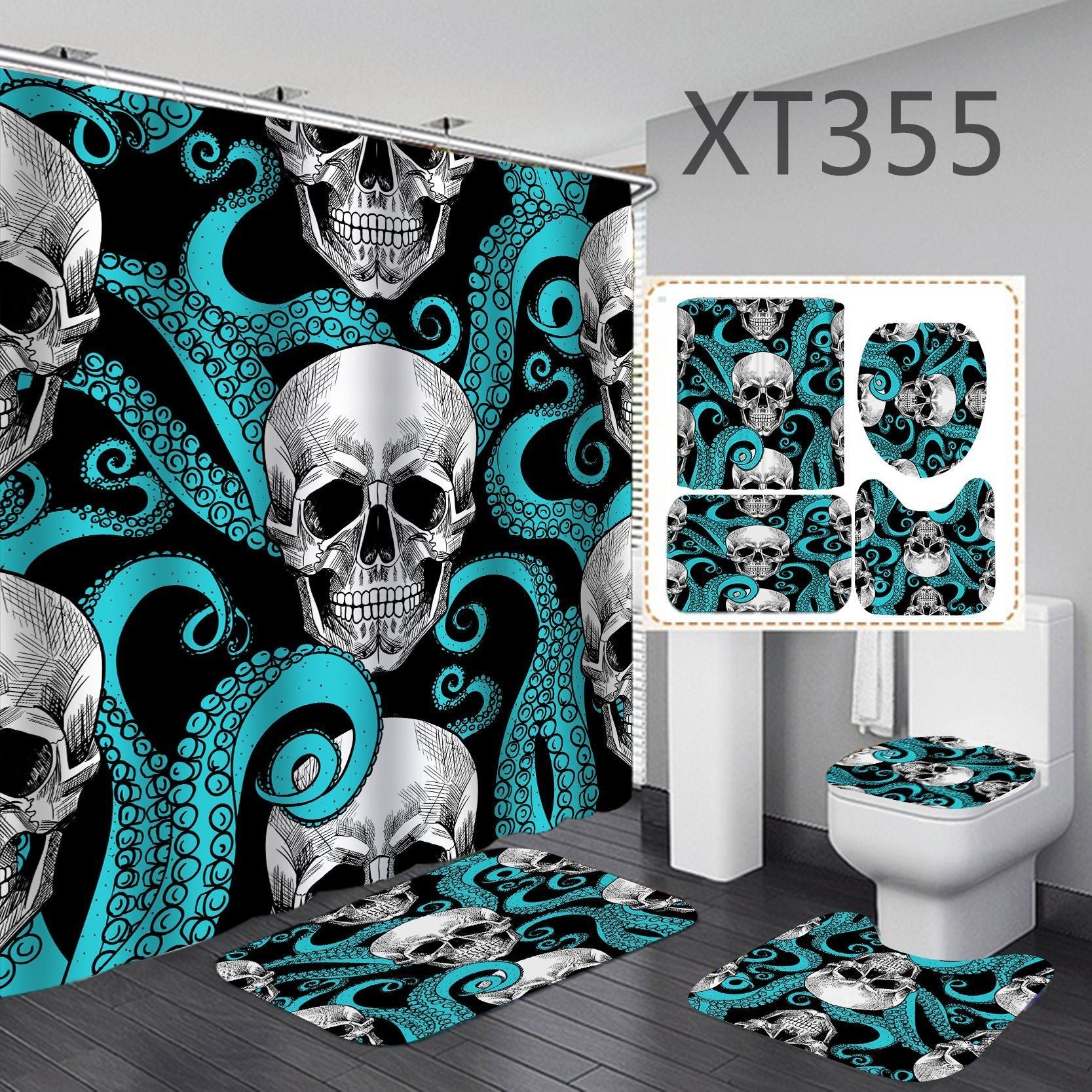 3D digital polyester shower curtain four-piece set