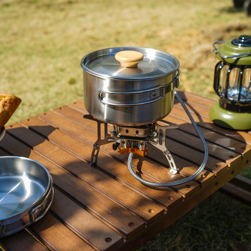 Outdoor Mountaineering 304 Stainless Steel Folding Handle Pot Camping Portable Frying Pan Soup Pot