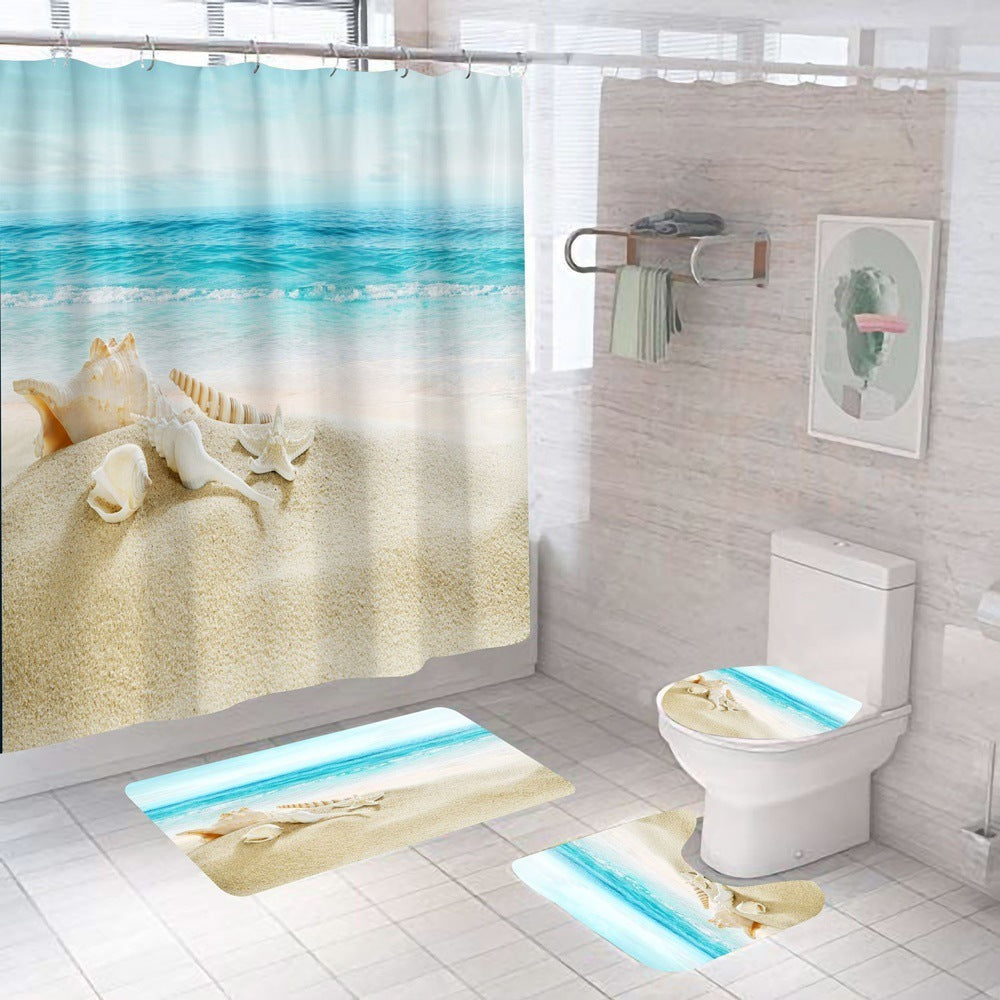 Beach Shell Printed Shower Curtain Carpet Bathroom Mat Four Piece Set