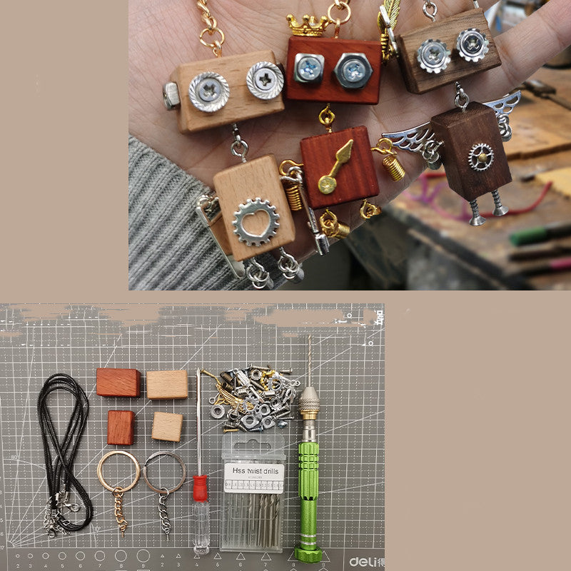 Handmade DIY Wooden Block Robot Keychain Material Pack