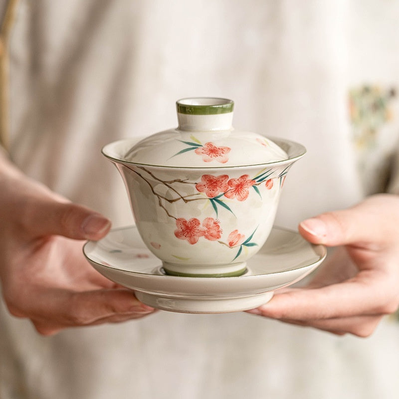Hand Painted Peach Blossom Sancai Gaiwan Tea Cup