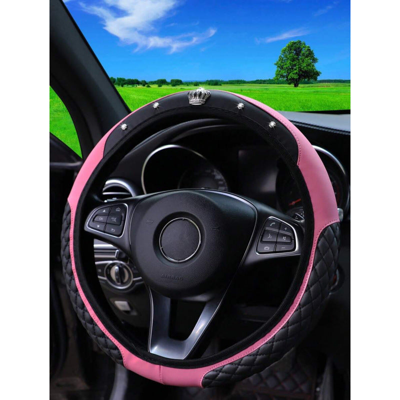 Diamond-Encrusted Little Crown Leather Car Steering Wheel Cover Without Inner Ring