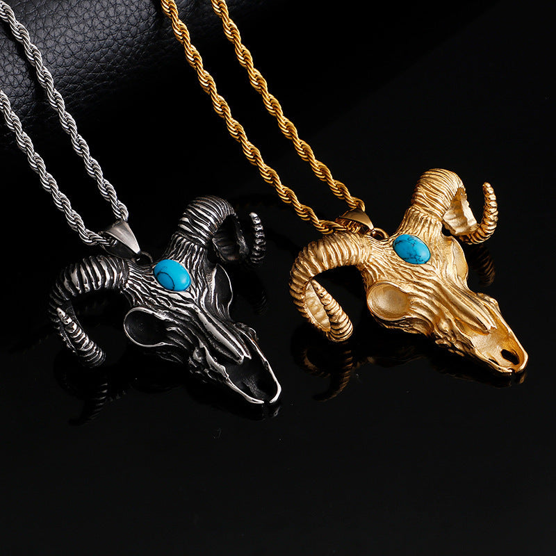 Vintage Demon Satan Hell Sheep Head Warcraft Titanium Steel Pendant Men's Necklace