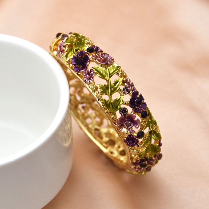 Retro Rose Diamond Studded Hollow Alloy Cloisonne Antique Painted Bracelet For Women