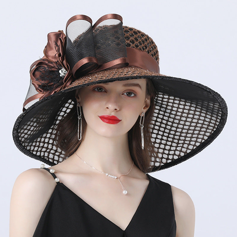 Large-brimmed Hat With Mesh Flower Decoration For Comfortable Shading