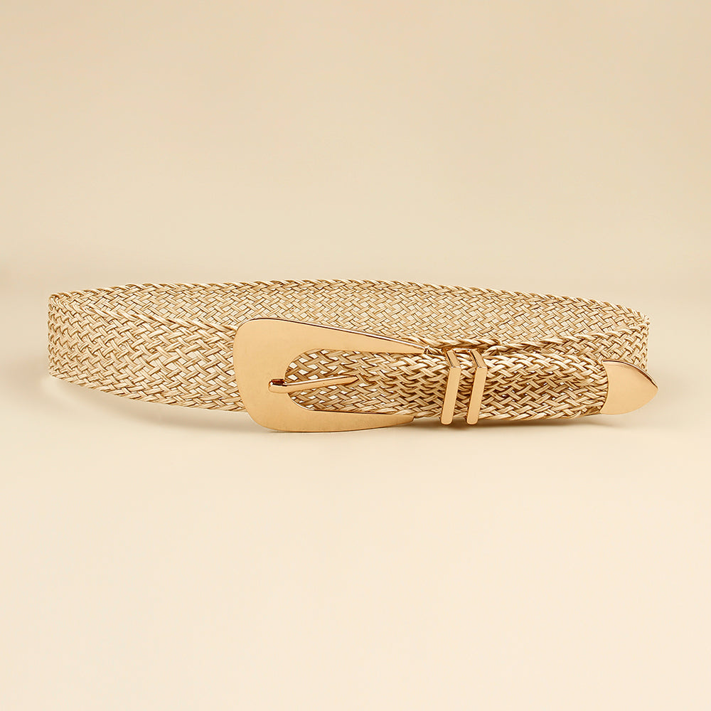 Summer New Ladies Belt PP Grass Gold Hand-woven Belt with Irregular Metal Buckle Waist Seal