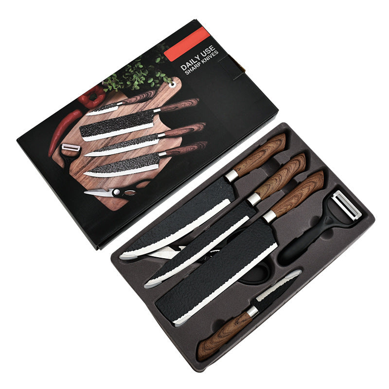 Hammer Pattern Six-piece Black Steel Forged Paint Stainless Steel Kitchen Knife Set