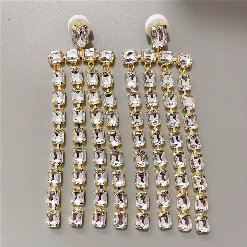 New Exaggerated Long Fringe Rhinestone Sparkling Earrings