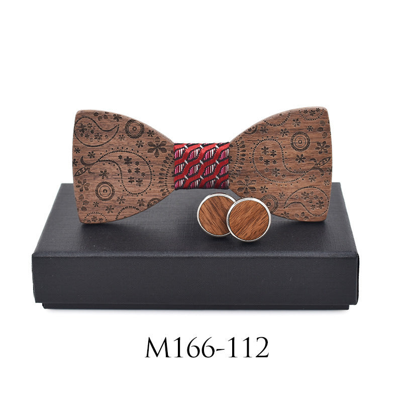 Paisley Carved Party Wood Bow Tie Cufflinks Set
