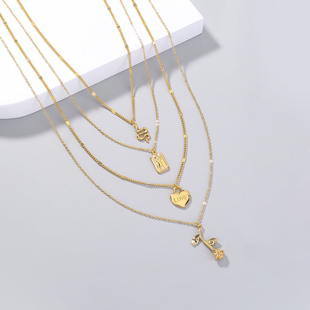 Creative multi-element rose pendant multi-layer necklace