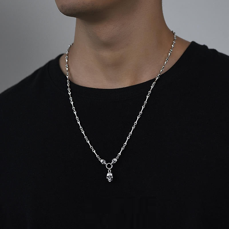 Hip Hop 925 Silver Skull Pendant Necklace Male