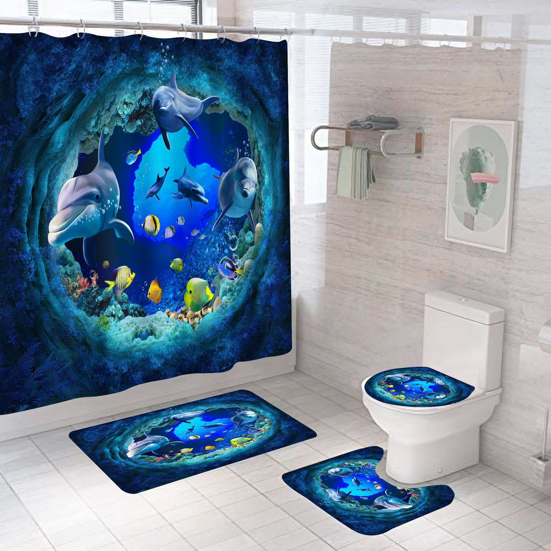 Bathroom Shower Curtain Floor Mat Suit Ocean World Printing