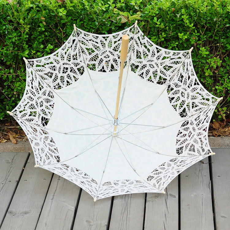 Classical Princess Dance Embroidered Crocheted Sun Umbrella Wooden Handle Straight Rod Hoisting