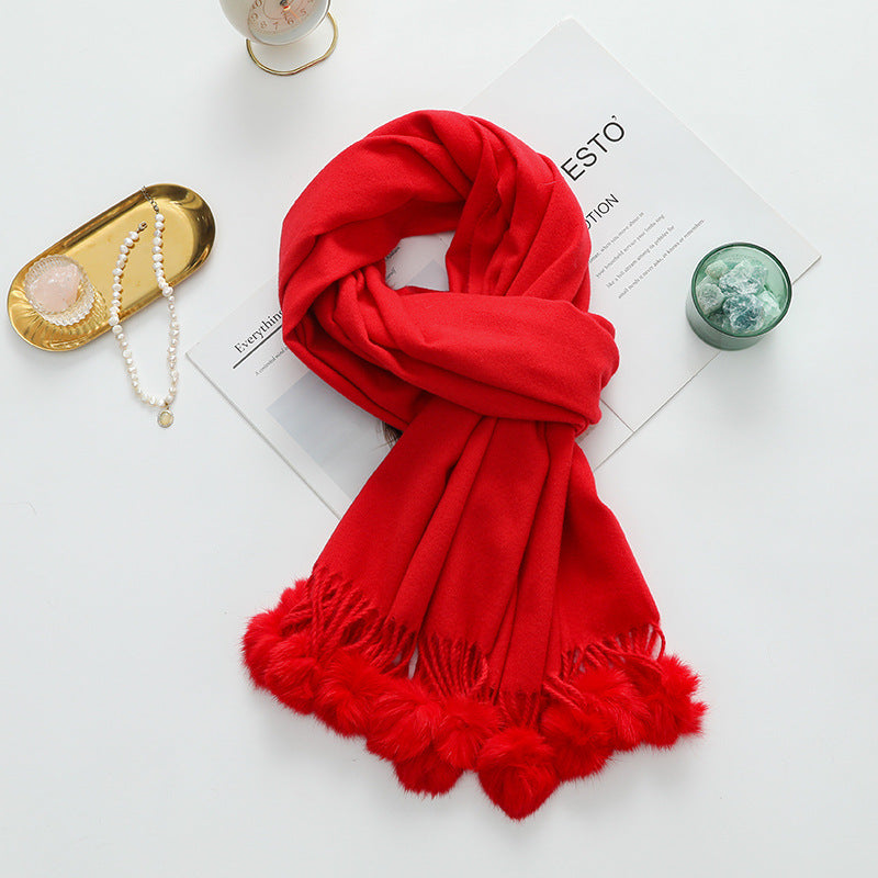 Versatile New-Style Womens Cape With Pompoms Cashmere And Wool Scarf