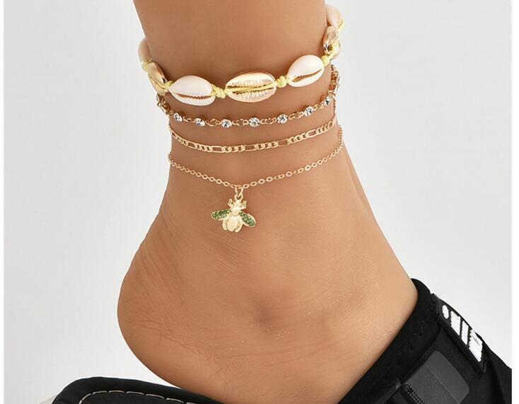 Cheville de plage populaire pour femme, coquille tissée, chaîne en diamant, pendentif abeille entièrement pavé, multicouche