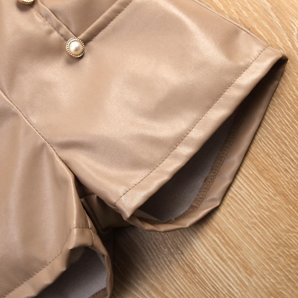 Girls' Bubble Long Sleeve Cotton Sunken Stripe Top Light Coffee Color Leather Pants Suit