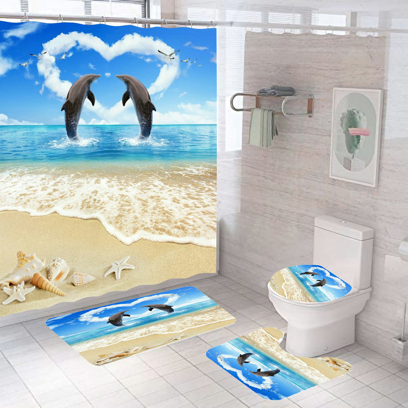 Bathroom Shower Curtain Floor Mat Suit Ocean World Printing