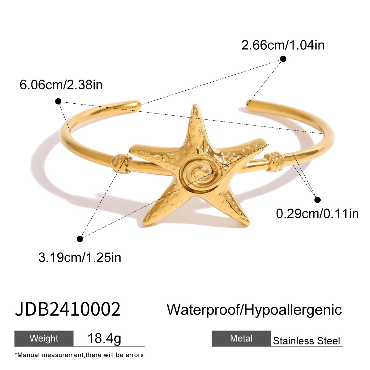 Fashion Stainless Steel Starfish Open-ended Bracelet