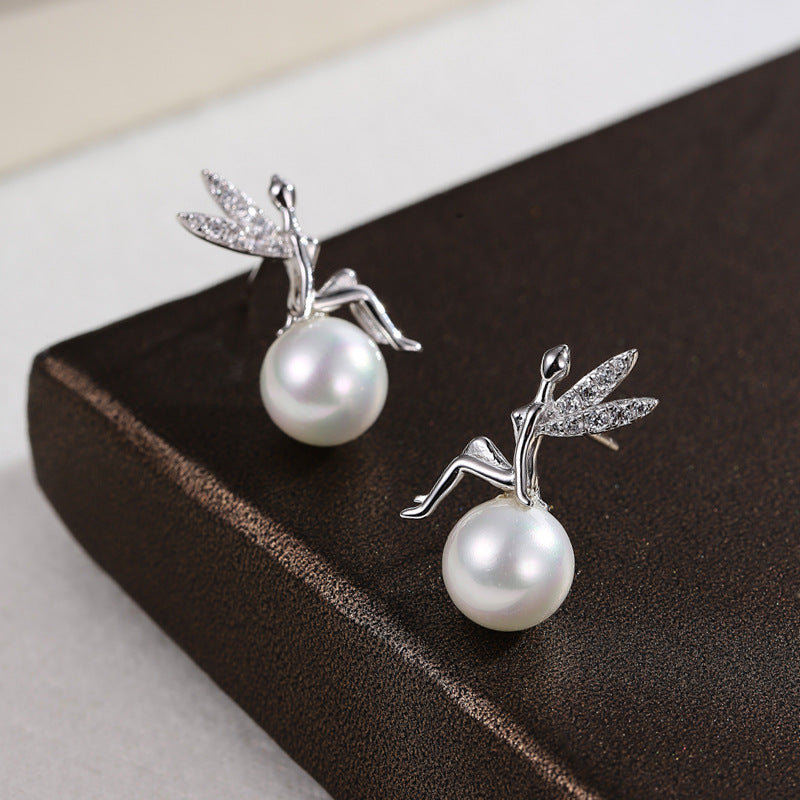 Silver Design Angel Sitting Earrings
