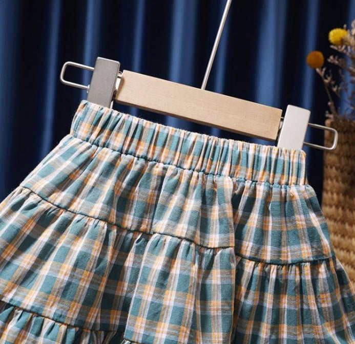 Girls' Short Summer Plaid Suspender Top Mid Skirt Suit For Women