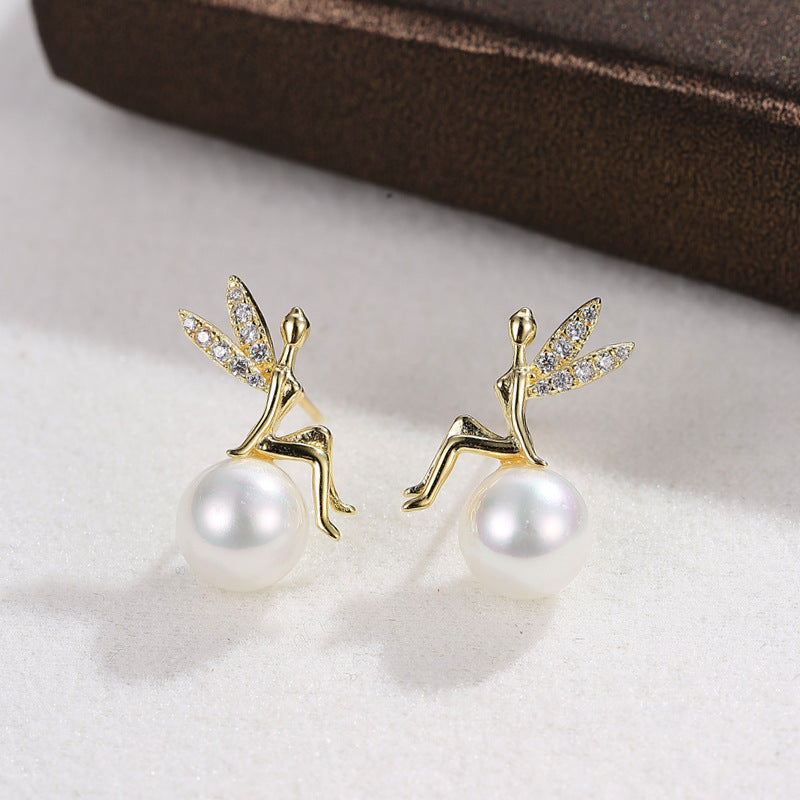 Silver Design Angel Sitting Earrings