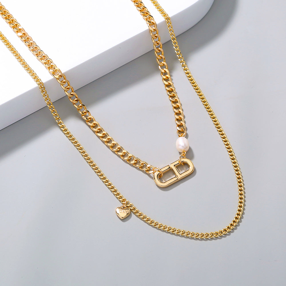 ins style hip-hop personality Japanese character thick chain design double layered necklace pearl necklace