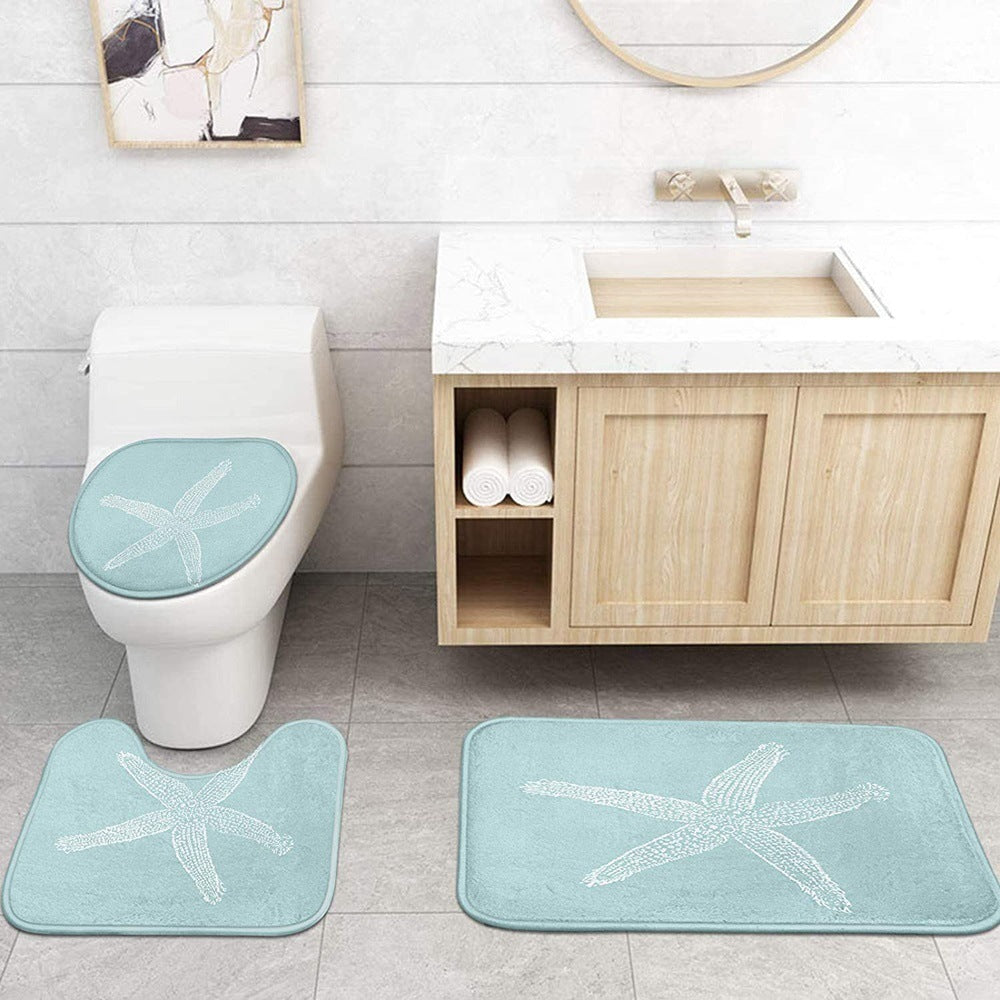 Beach Shell Printed Shower Curtain Carpet Bathroom Mat Four Piece Set